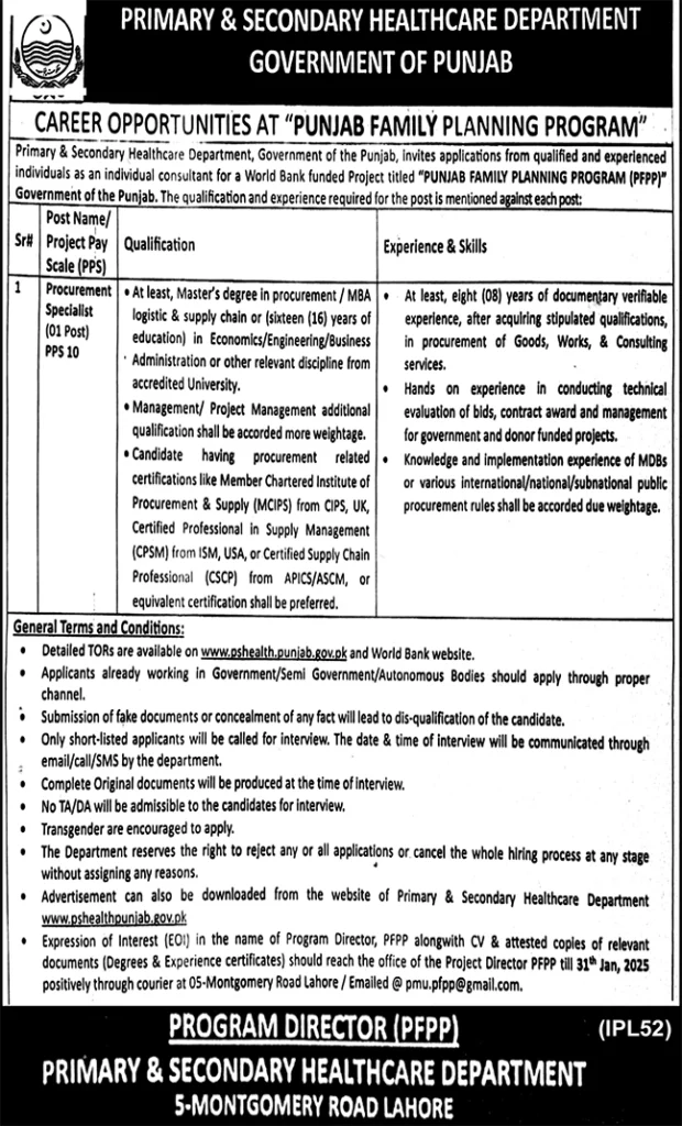 Latest Management Positions at Primary & Secondary Healthcare Department, Lahore 2025.