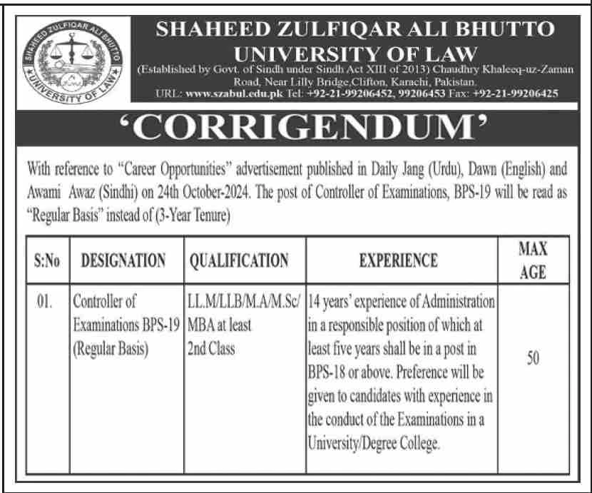 Recent Educational Posts from Shaheed Zulfiqar Ali Bhutto University of Law (SZABUL), Karachi - 2025 - Latest Opportunities.