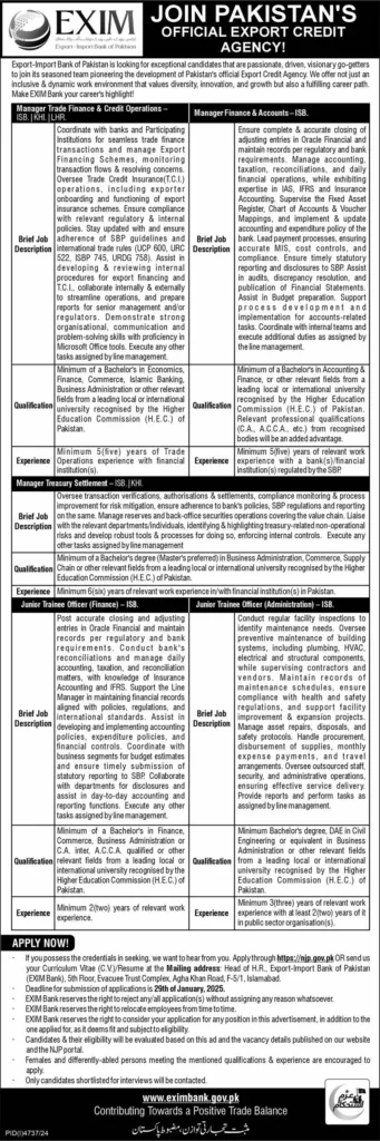 Latest Management Positions at EXIM Bank of Pakistan, Islamabad 2025