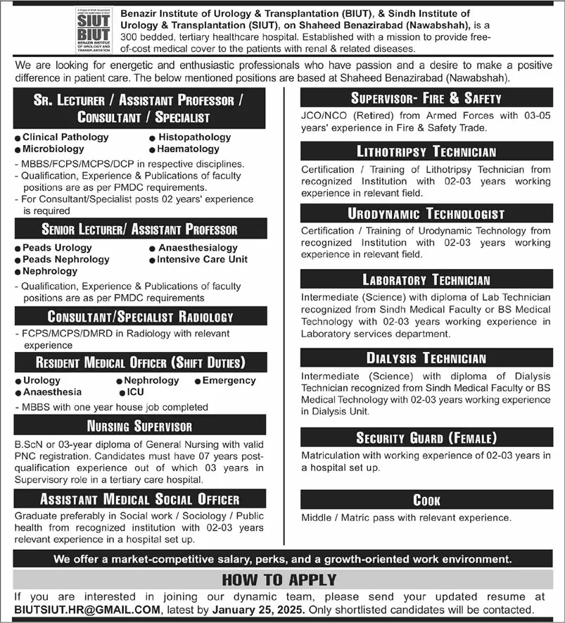SIUT Nawabshah Jobs 2025: Exciting Career Opportunities at Sindh Institute of Urology & Transplantation (BIUT).